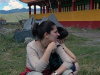 China  Tagong. Grasslands. Second monastery on the Grasslands under contruction. Maria and Stacie waiting patiently for one memebr of our party to return. : Asia, China, Maria, Stacie, Tagong Grassland, Temple